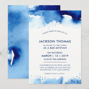 BAR MITZVAH simple stylish blue watercolor invite