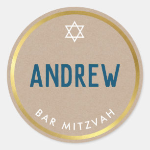 BAR MITZVAH smart bold type gold kraft blue Classic Round Sticker