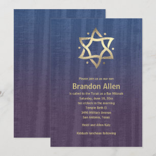 Bar Mitzvah Stained Wood Blue Plum Gold Star Invitation
