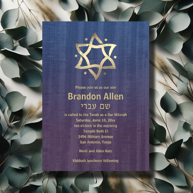 Bar Mitzvah Stained Wood Blue Plum Gold Star Invitation (Creator Uploaded)