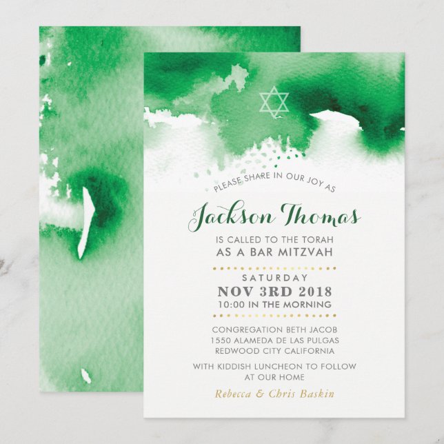 BAR MITZVAH star modern kelly green watercolor Invitation (Front/Back)