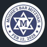 Bar mitzvah Star of David blue any colour monogram Classic Round Sticker<br><div class="desc">Bar mitzvah sticker featuring a white Star of David with the boy's monogram initial,  and name and date around the star. The default colours are white and dark blue but all colours are fully customizable in the design tool.</div>