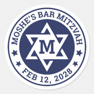 Bar mitzvah Star of David blue any colour monogram Classic Round Sticker