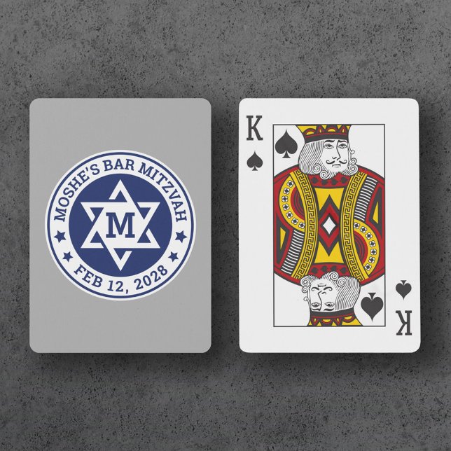 Bar mitzvah Star of David blue monogram gray Playing Cards (Creator Uploaded)