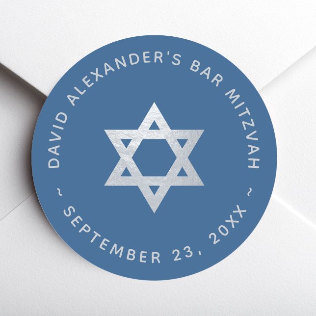 Bar Mitzvah Star of David Classic Blue Faux Silver Round Sticker (Creator Uploaded)