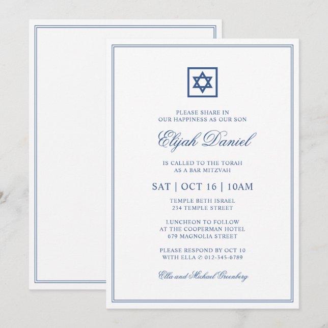 Bar Mitzvah Star of David Elegant Classic Blue Invitation (Front/Back)