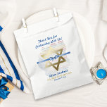 Bar Mitzvah Star Of David Ribbon Favour Bag<br><div class="desc">Thank your guests with this bar mitzvah favour bag with a gold Star of David with blue ribbon across it.  A colourful striped paint splatter backdrop.  Templates created for you.</div>