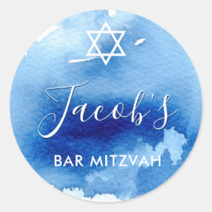 BAR MITZVAH star smart blue watercolor invite Classic Round Sticker