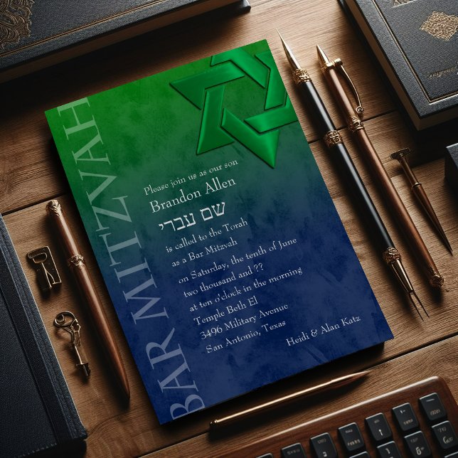 Bar Mitzvah Stylish Green Star of David Ombre Invitation (Creator Uploaded)