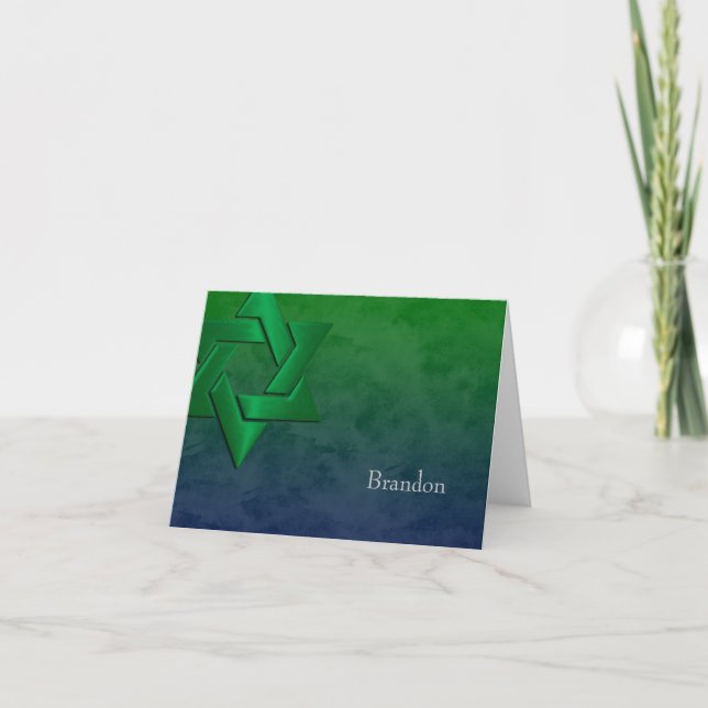 Bar Mitzvah Stylish Green Star of David Ombre Note Card (Front)