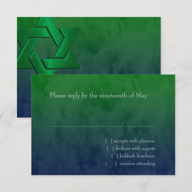Bar Mitzvah Stylish Green Star of David Ombre RSVP Card (Front/Back)
