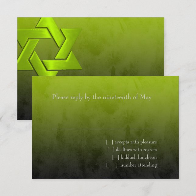 Bar Mitzvah Stylish Lime Green Star of David Ombre RSVP Card (Front/Back)