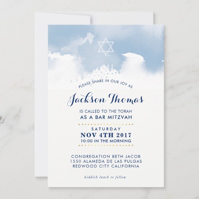 BAR MITZVAH stylish pale blue watercolor invite (Front)