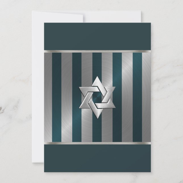 Bar Mitzvah Teal and Silver Stripe Star of David Invitation (Front)
