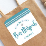 Bar Mitzvah Teal Silver Tallit Bold Script Modern Square Sticker<br><div class="desc">Be proud, rejoice and showcase this milestone of your favourite Bar Mitzvah! Use this cool, unique, modern, personalized sticker to add to his special day. Bold, dusty teal blue green script typography, a silver Star of David and a dusty teal blue green and silver glitter striped tallit inspired graphic overlay...</div>