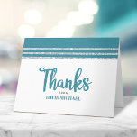 Bar Mitzvah Teal Silver Tallit Script Modern Bold Thank You Card<br><div class="desc">Make sure your favourite Bar Mitzvah shows his appreciation to all who supported his milestone event! Send out this cool, unique, modern, personalized thank you card. Bold, dusty teal blue green script typography, Star of David and a dusty teal blue green and silver glitter striped tallit inspired graphic overlay a...</div>