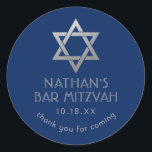 Bar Mitzvah Thank You Blue Silver Star of David Classic Round Sticker<br><div class="desc">Elegant modern blue and silver classic bar mitzvah "thank you" personalized stickers with custom name,  date and Star of David.</div>
