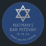 Bar Mitzvah Thank You Blue Silver Star of David Classic Round Sticker<br><div class="desc">Elegant modern blue and silver classic bar mitzvah "thank you" personalized stickers with custom name,  date and Star of David.</div>