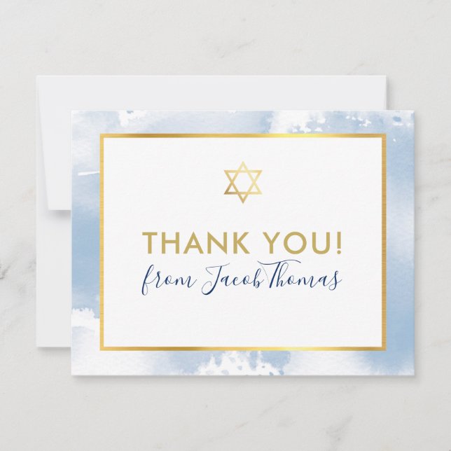 BAR MITZVAH thank you gold star blue watercolor (Front)