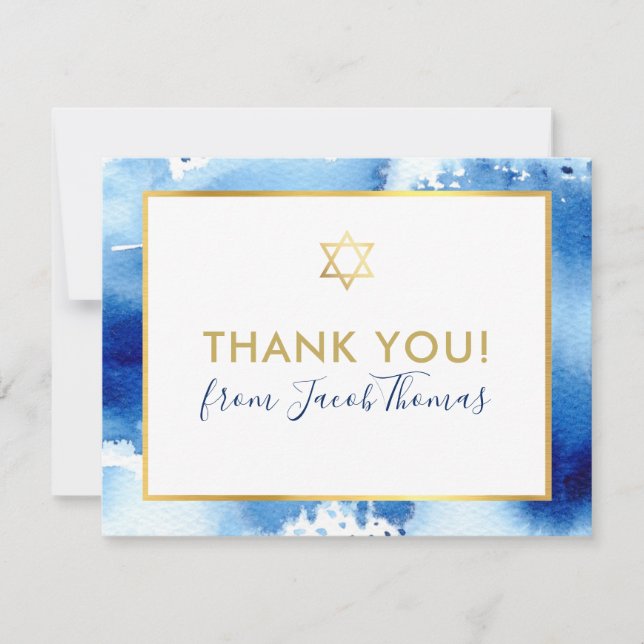 BAR MITZVAH thank you gold star blue watercolor Card (Front)