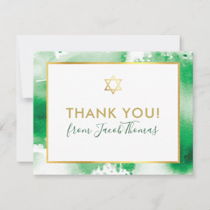 BAR MITZVAH thank you gold star green watercolor Card