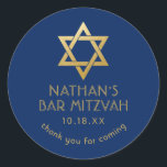 Bar Mitzvah Thank You Navy Blue Gold Star of David Classic Round Sticker<br><div class="desc">Elegant modern blue and gold classic bar mitzvah "thank you" personalized stickers with custom name,  date and Star of David.</div>