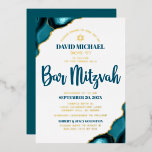 Bar Mitzvah Turquoise Agate Bold Script Real Gold<br><div class="desc">Be proud, rejoice and showcase this milestone of your favourite Bar Mitzvah! Send out this cool, unique, modern, personalized, Hebrew name real gold foil invitation for an event to remember. Dark teal blue script typography, real gold foil sans serif typography, and a real foil gold Star of David overlay a...</div>