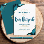 Bar Mitzvah Turquoise Agate Script Hebrew Name Invitation<br><div class="desc">Be proud, rejoice and showcase this milestone of your favourite Bar Mitzvah! Send out this cool, unique, modern, personalized, Hebrew name invitation for an event to remember. Dark teal blue script typography and faux gold Star of David overlay simple, clean white background with turquoise blue agate accented with faux gold...</div>
