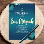 Bar Mitzvah Turquoise Ombre Agate Gold Script Bold Invitation<br><div class="desc">Be proud, rejoice and showcase this milestone of your favourite Bar Mitzvah! Send out this cool, unique, modern, personalized, Hebrew name invitation for an event to remember. Faux gold foil script typography, white sans serif typography, and a faux gold Star of David overlay a deep turquoise teal blue ombre background...</div>