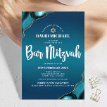 Bar Mitzvah Turquoise Ombre Agate Modern Script Invitation<br><div class="desc">Be proud, rejoice and showcase this milestone of your favourite Bar Mitzvah! Send out this cool, unique, modern, personalized invitation for an event to remember. White script typography and a faux gold Star of David overlay a deep turquoise teal blue ombre background with turquoise blue agate accented with faux gold...</div>