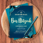 Bar Mitzvah Turquoise Ombre Agate Script Real Gold<br><div class="desc">Be proud, rejoice and showcase this milestone of your favourite Bar Mitzvah! Send out this cool, unique, modern, personalized invitation for an event to remember. Real gold foil script typography, white sans serif typography, and a real gold foil Star of David overlay a deep turquoise teal blue ombre background with...</div>