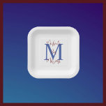 Bar Mitzvah White Blue Burgundy Name Monogram Paper Plate<br><div class="desc">What a wonderful,  personalized paper plate for a Jewish Bar Mitzvah Party Reception.  Background is white,  monogram is blue,  name is burgundy.  Choose square or round.  All Rights Reserved © 2024 Alan & Marcia Socolik.</div>