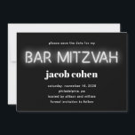 Bar Mitzvah White Neon Lights Save The Date Invitation<br><div class="desc">Cool modern bar mitzvah save the date announcement with "bar mitzvah" in white glowing neon lights against a black background.</div>
