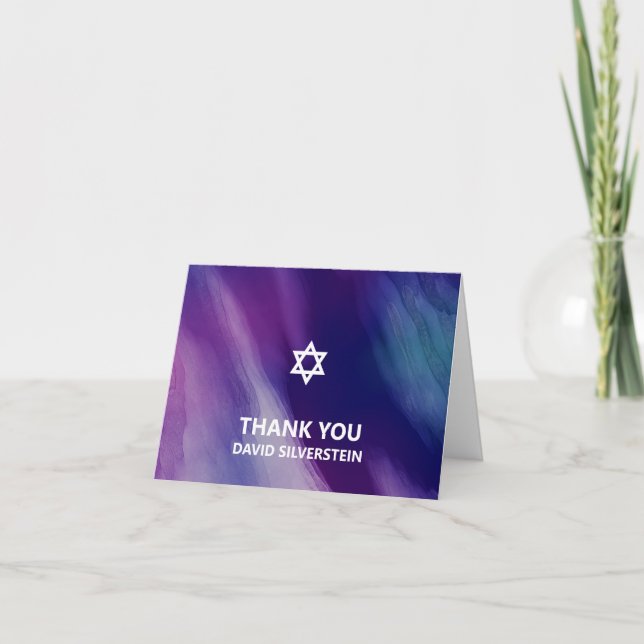 Bar moderne Mitzvah Carte de remerciements bleu vi (Devant)