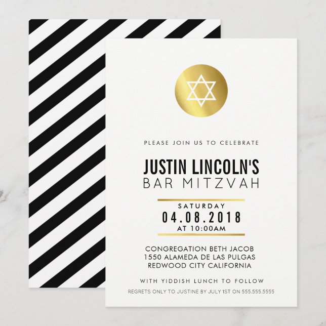 BAR MODERNE MITZVAH parti INVITATION tache or noir (Devant / Derrière)