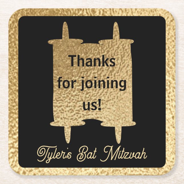 Bar or Bat Mitzvah Gold Torah Square Paper Coaster (Front)