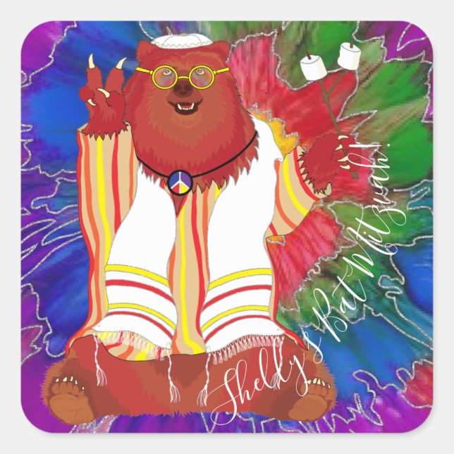 Bar or Bat Mitzvah Hippie Bear Stickers Square (Front)