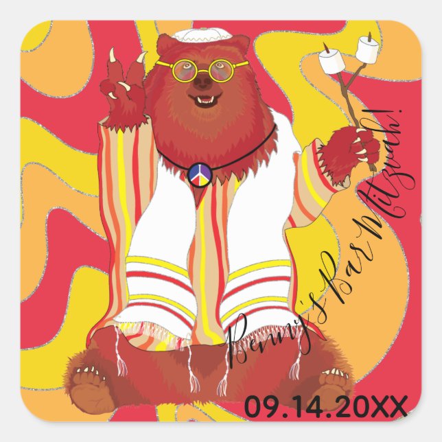Bar or Bat Mitzvah Sticker Square Hippie Bear (Front)