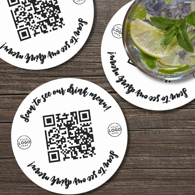 Bar Restaurant Menu Logo Here QR Code Round Paper Coaster (Custom Your Logo Here QR Code Round Paper Coaster )