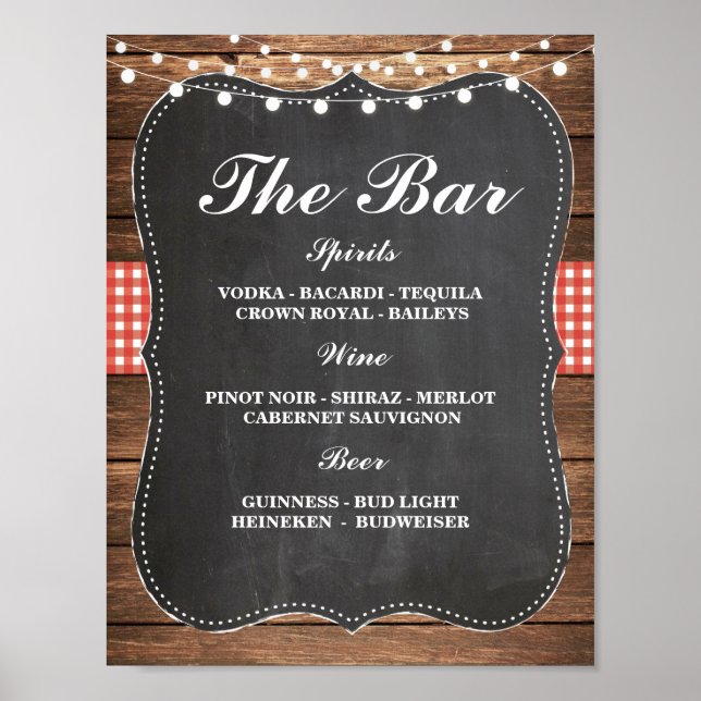 Bar Sign Wedding Reception Rustic Chalk Red Check (Front)