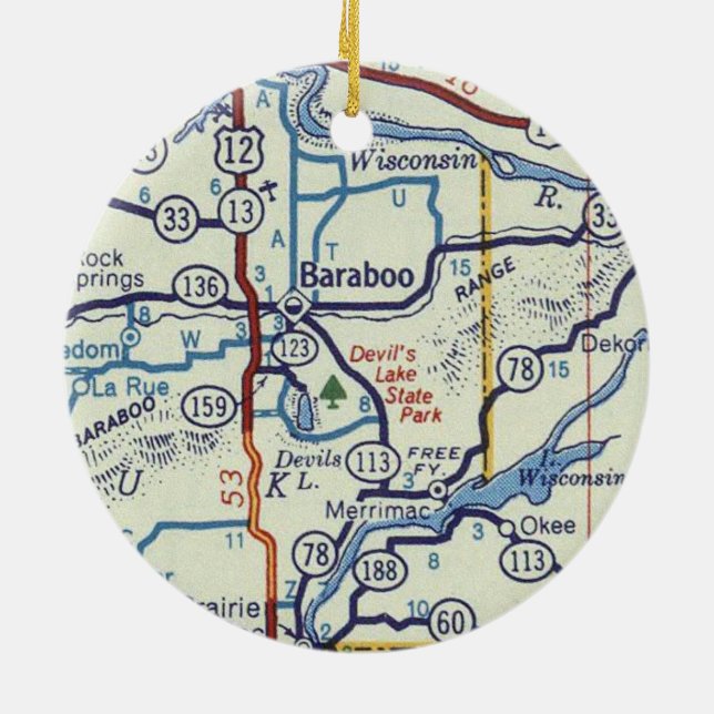 Baraboo WI Vintage Map Ceramic Ornament (Back)