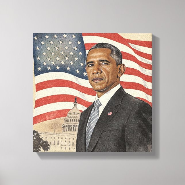 Barack Obama in front of American Flag and Capitol Canvas Print (Front)