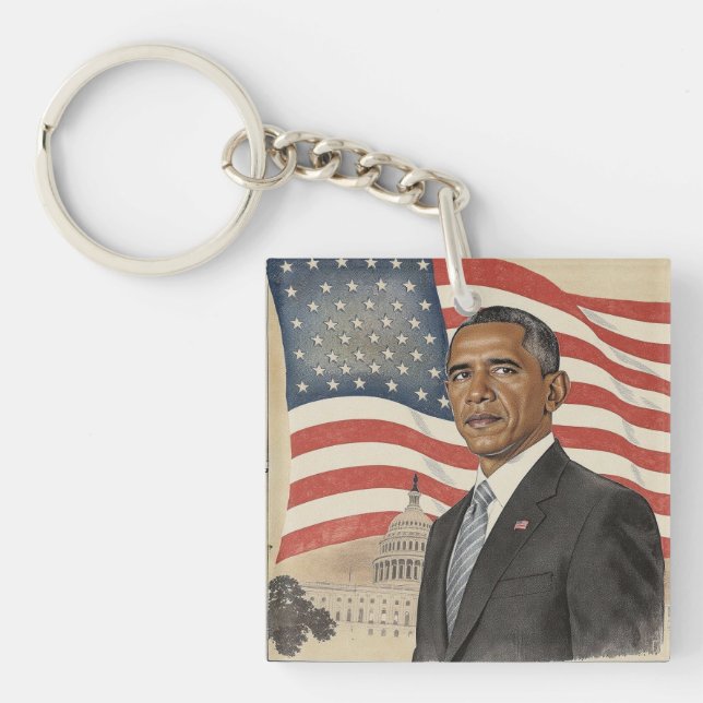 Barack Obama in front of American Flag and Capitol Keychain (Front)
