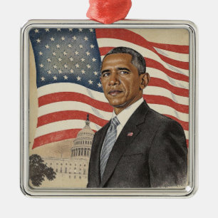 Barack Obama in front of American Flag and Capitol Metal Ornament