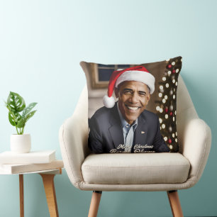 Barack Obama in Santa Hat Christmas Throw Pillow