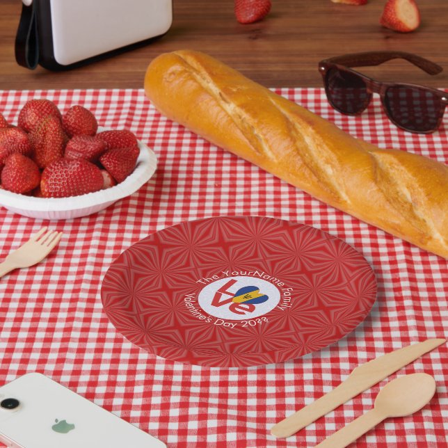 Barbadian LOVE Heart Flag Valentine Personalized  Paper Plate (Picnic)