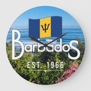 "Barbados Est. 1966" East Coast View With Flag Large Clock