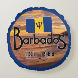 "Barbados Est. 1966" Sunset With Barbados Flag Round Pillow