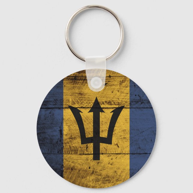 Barbados Flag on Old Wood Grain Keychain (Front)