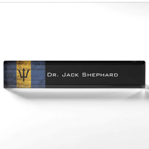 Barbados Flag on Old Wood Grain Nameplate